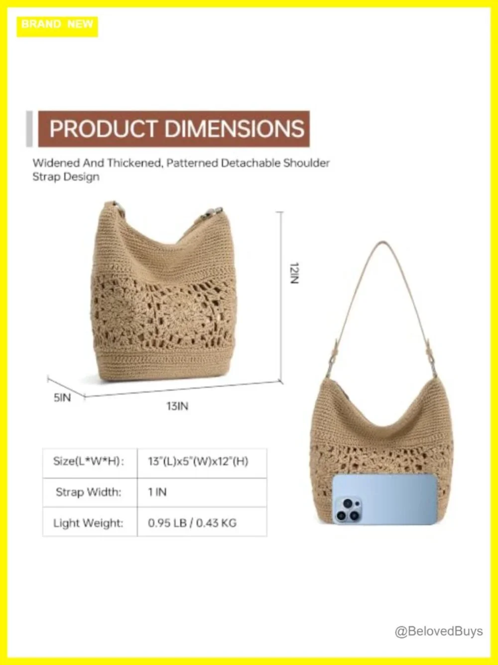 Crochet Hobo Bag with Leather Strap Woven Boho Shoulder Purse